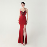 Women applique fishbone lace-up dinner party fishtail evening dress