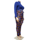 Women sexy patchwork contrasting lace-up top and printed pants two-piece suit