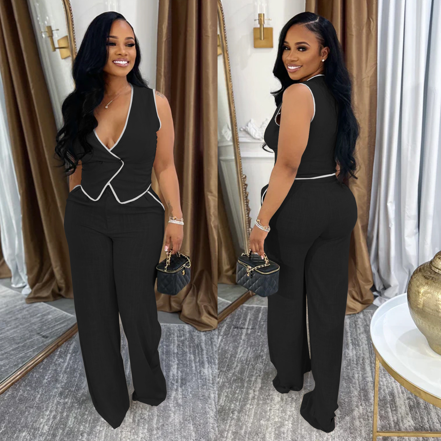 Women casual v-neck button top and trousers two-piece suit