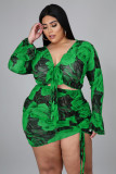 Plus Size Printed Drawstring Long Sleeve Top & Shorts Sexy Nightclub Two-Piece Set