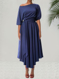 Chic Elegant Solid Color Slash Shoulder Belt Irregular Dress