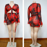 Plus Size Printed Drawstring Long Sleeve Top & Shorts Sexy Nightclub Two-Piece Set