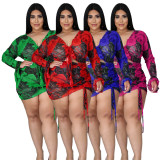Plus Size Printed Drawstring Long Sleeve Top & Shorts Sexy Nightclub Two-Piece Set