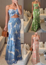 Women spring summer Halter Neck printed pleated casual lace Holidays dress