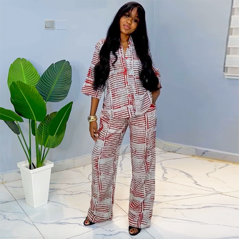 Women's Summer Printed Three-Quarter Sleeve Shirt & Loose Top Trousers Set