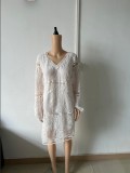 Spring/Summer Women's Lace Long-Sleeved V-Neck Solid Color Chiffon Dress