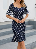 Fashion Elegant Career Ruffle Sleeve Polka Dot Fishtail Dress