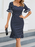 Fashion Elegant Career Ruffle Sleeve Polka Dot Fishtail Dress