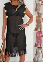 Women beach skirt Holidays bikini cover-up sexy hollow See-Through tassel patchwork dress