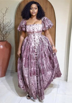 Women's Summer Fashion Square Neck Printed Bubble Sleeve High Waist Dress