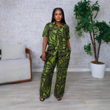 Women Summer Printed Turndown Collar Short Sleeve Top and Wide Leg Pants Two-piece Set