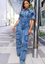 Women Cargo short sleeve Turndown Collar Denim Jumpsuit