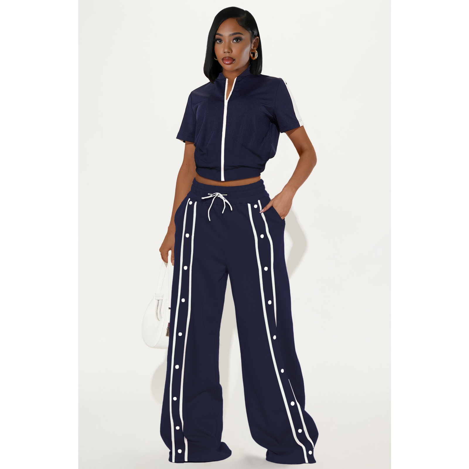 Women's Sports Two-Piece Set Buttoned Loose Pocket Wide-Leg Pants & Short Sleeve Zipper Top