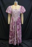Women's Summer Fashion Square Neck Printed Bubble Sleeve High Waist Dress