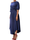 Chic Elegant Solid Color Slash Shoulder Belt Irregular Dress