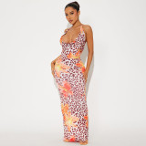Women's Chic Flower Leopard Print V-neck Low Back Slim Long Dress