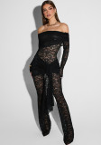 Women sexy lace patchwork long sleeve Off Shoulder See-Through Jumpsuit