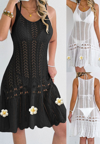Women hollow hand-crocheted flower patchwork beach cover-up dress