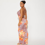Women's Chic Flower Leopard Print V-neck Low Back Slim Long Dress