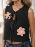 Women casual sexy lace-up bow western embroidered flower solid top