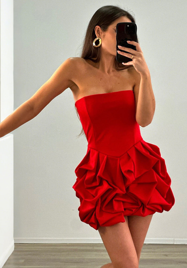 Women Sexy Solid Strapless Sleeveless Large Flower Bodycon Dress