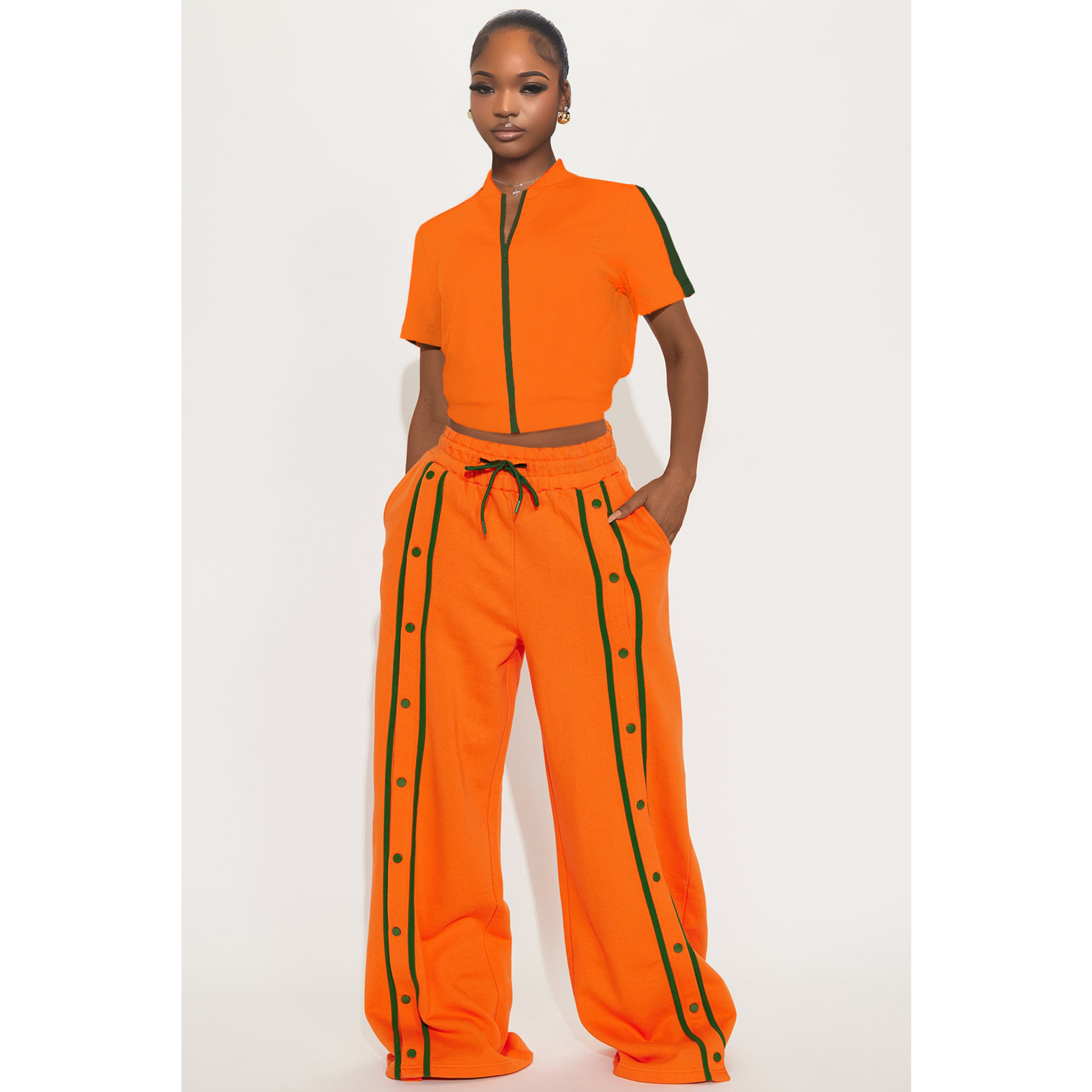 Women's Sports Two-Piece Set Buttoned Loose Pocket Wide-Leg Pants & Short Sleeve Zipper Top