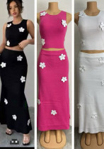 Women spring and summer flower sexy sleeveless top and strap dress two-piece set Women spring and summer flower sexy sleeveless top and strap dress two-piece set