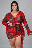 Plus Size Printed Drawstring Long Sleeve Top & Shorts Sexy Nightclub Two-Piece Set