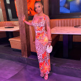 Women's Chic Flower Leopard Print V-neck Low Back Slim Long Dress