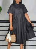 Women's African Short Sleeve Solid Color A-Line Shirt Dress