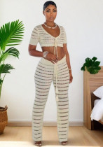 Women summer round neck casual sleeveless knitting top and pant two-piece set