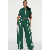 Women's Sports Two-Piece Set Buttoned Loose Pocket Wide-Leg Pants & Short Sleeve Zipper Top