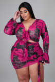 Plus Size Printed Drawstring Long Sleeve Top & Shorts Sexy Nightclub Two-Piece Set