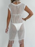 Women beach skirt Holidays bikini cover-up sexy hollow See-Through tassel patchwork dress