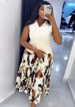 Women's Summer V-Neck Button Vest Top & Printed Pleated Long Skirt Set Women's Summer V-Neck Button Vest Top & Printed Pleated Long Skirt Set
