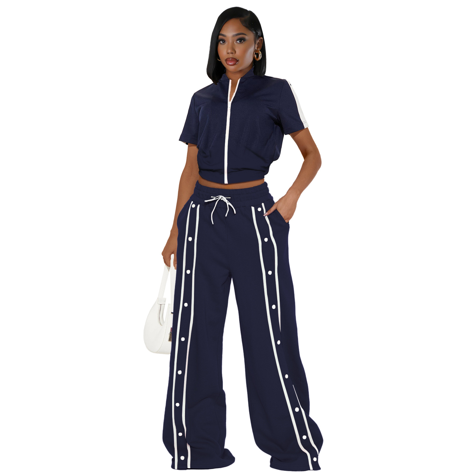 Women's Sports Two-Piece Set Buttoned Loose Pocket Wide-Leg Pants & Short Sleeve Zipper Top