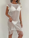 Women beach skirt Holidays bikini cover-up sexy hollow See-Through tassel patchwork dress