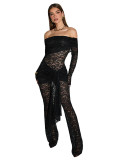 Women sexy lace patchwork long sleeve Off Shoulder See-Through Jumpsuit