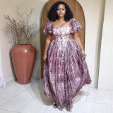 Women's Summer Fashion Square Neck Printed Bubble Sleeve High Waist Dress