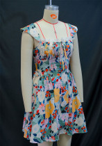 Women's Summer Lace Printed Strap Pleated Short Dress