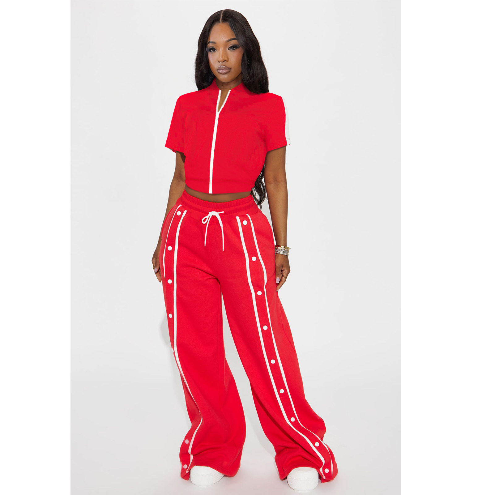 Women's Sports Two-Piece Set Buttoned Loose Pocket Wide-Leg Pants & Short Sleeve Zipper Top