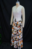 Women's Summer V-Neck Button Vest Top & Printed Pleated Long Skirt Set