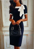 Women Round Neck Bow Contrast Formal Party Dress