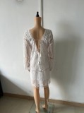 Spring/Summer Women's Lace Long-Sleeved V-Neck Solid Color Chiffon Dress