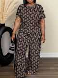 Plus Size Casual Women Elegant Short Sleeve Top and Trousers Two-piece Set