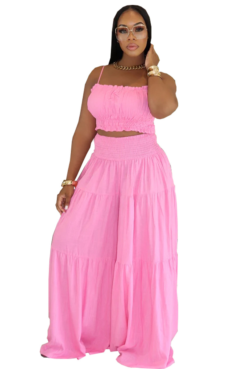 Summer/Autumn African Solid Color Strap Top & Loose Wide Leg Pants Fashion Plus Size Two-Piece Set