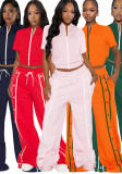 Women's Sports Two-Piece Set Buttoned Loose Pocket Wide-Leg Pants & Short Sleeve Zipper Top