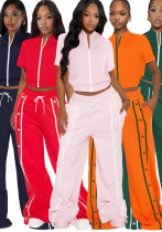 Women's Sports Two-Piece Set Buttoned Loose Pocket Wide-Leg Pants & Short Sleeve Zipper Top