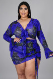 Plus Size Printed Drawstring Long Sleeve Top & Shorts Sexy Nightclub Two-Piece Set