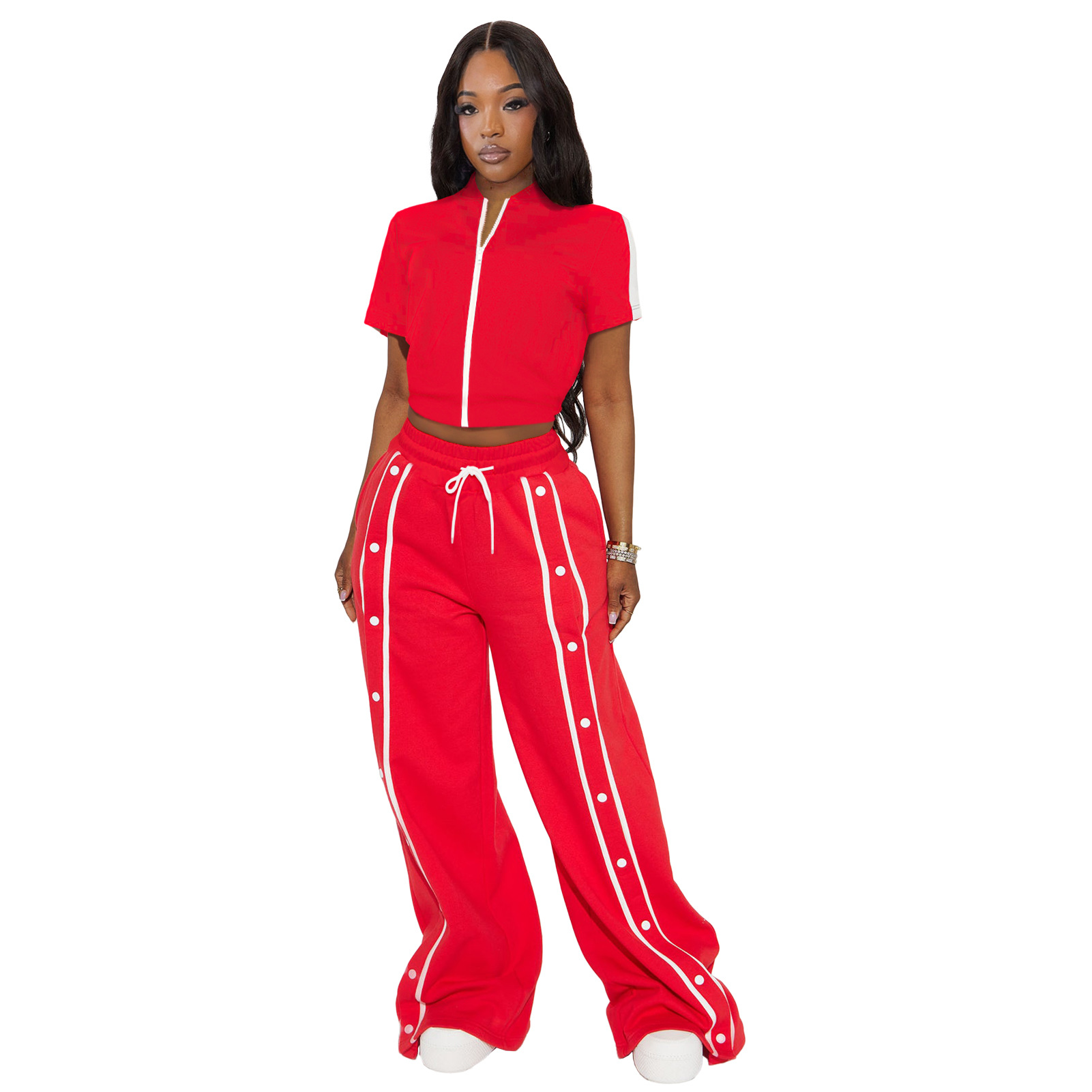 Women's Sports Two-Piece Set Buttoned Loose Pocket Wide-Leg Pants & Short Sleeve Zipper Top